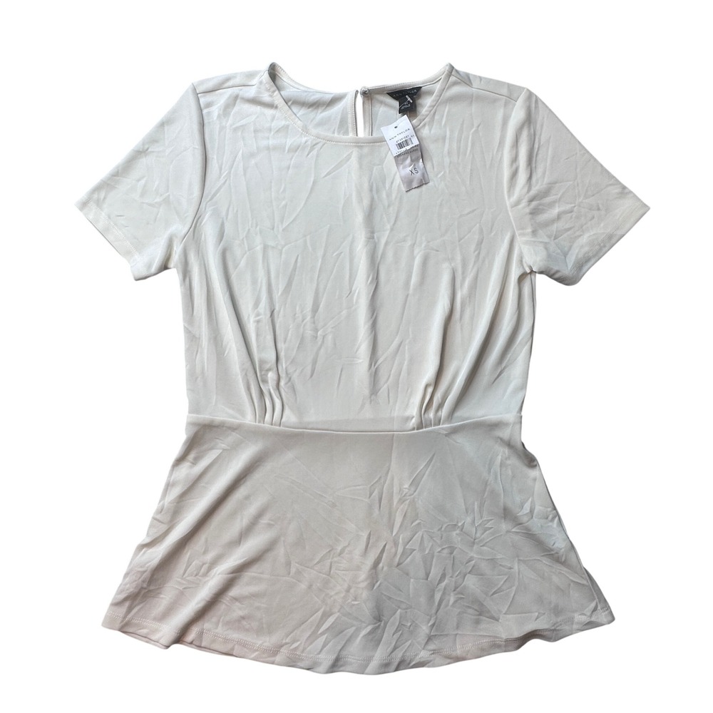 Ann Taylor Peplum Top Womens XS White Short Sleeve Pleated Blouse Stretch 273812